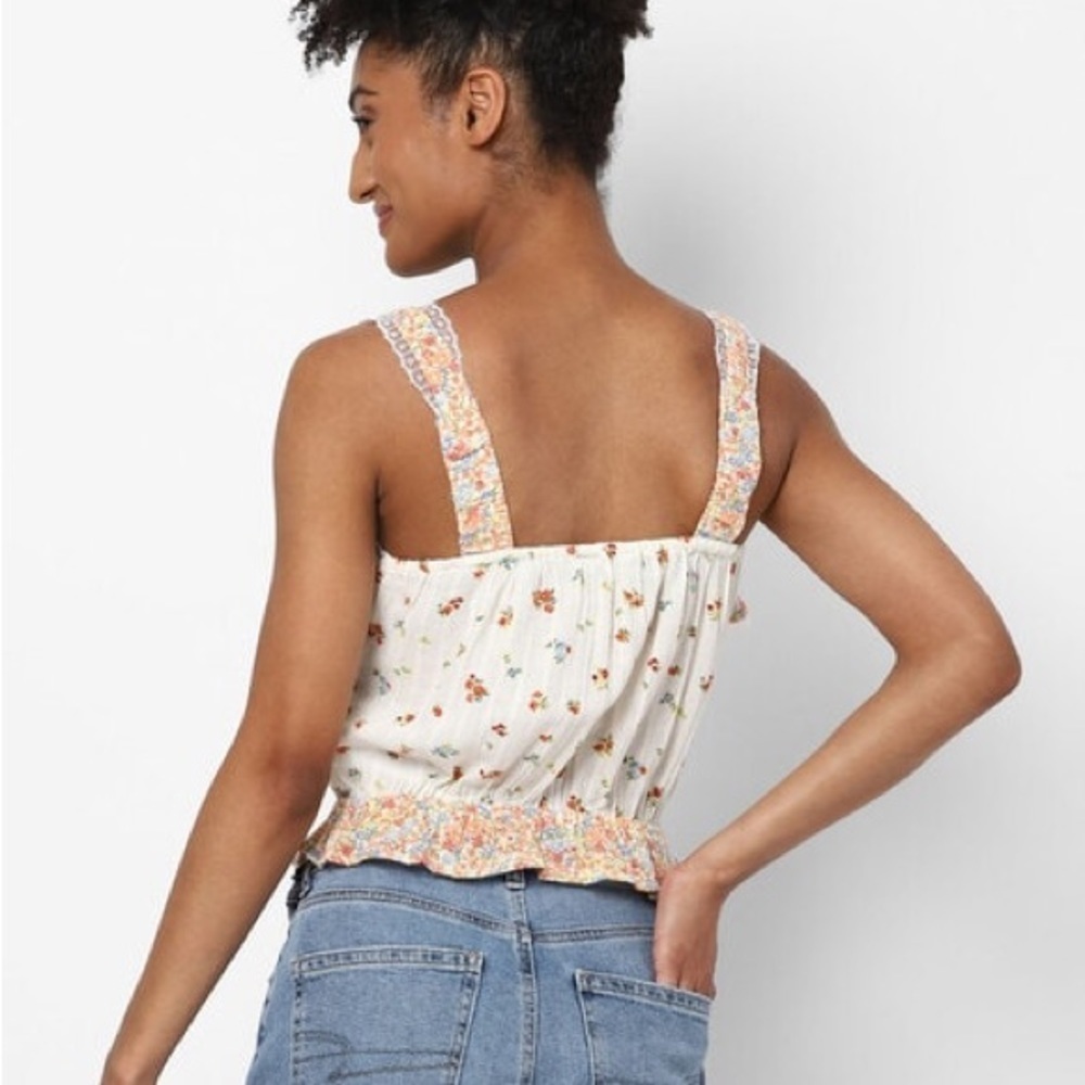 AMERICAN EAGLE Floral Print Loose Fit Top cream XL - Picture 3 of 7
